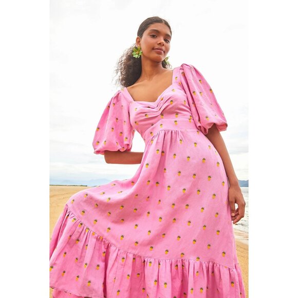 FARM Rio Pink Embroidered Pineapples Puff Sleeve Midi Dress - Picture 2 of 11